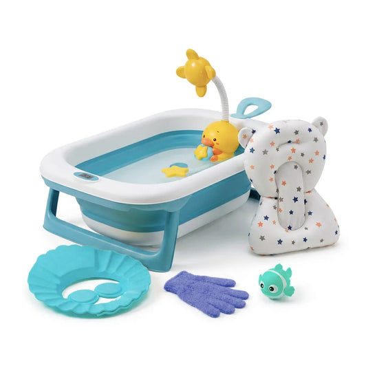 Combo de baño 6 en 1 para bebé con bañera plegable, almohadilla, ducha eléctrica de patito, juguetes, guantes y visera de baño