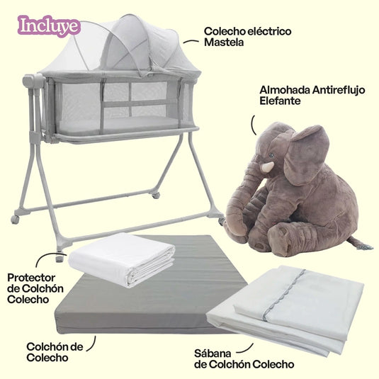 Combo Hora del Sueño #1: cuna eléctrica, colchón, sábana, protector y almohada