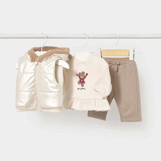 Conjunto 3pz sudadera, chaleco acolchado y pantalón, color Almendra - Mayoral