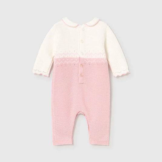 Mameluco enterizo tejido blanco/rosa para recién nacida, manga larga, botones a presión en la entrepierna para facilitar la puesta, cierre con botones en la espalda para facilitar la puesta, tejido de punto tricotosa de tacto suave y agradable - Mayoral