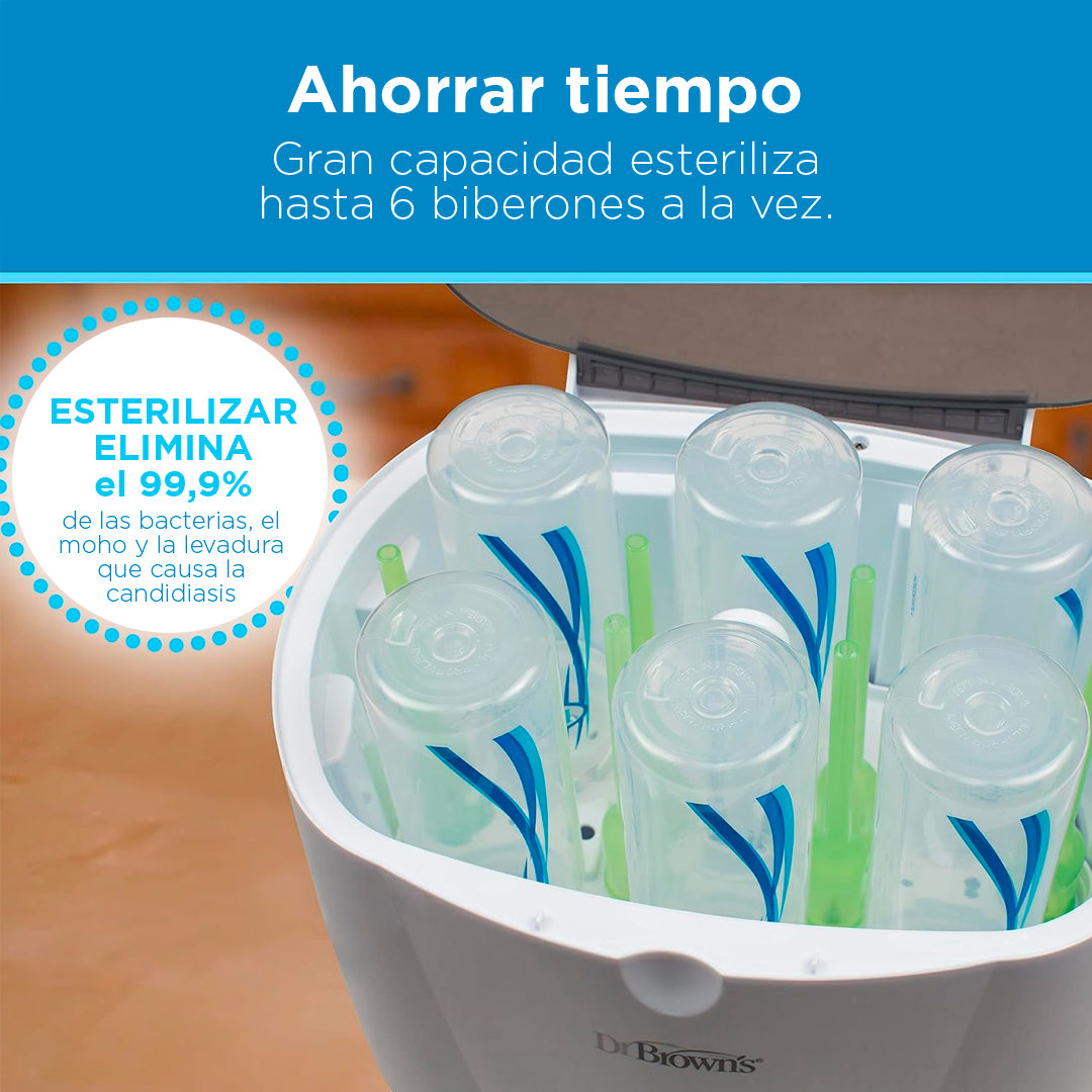 Esterilizador eléctrico de lujo, esterilización a vapor con capacidad para 6 teteros y accesorios, bandeja extraíble y función de apagado automático - Dr Brown´s