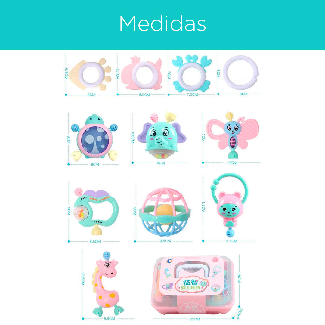 Estuche grande de sonajeros y rascaencias de 11 piezas, para bebé recién nacido, hecho de silicona suave libre de BPA, diferentes colores y formas