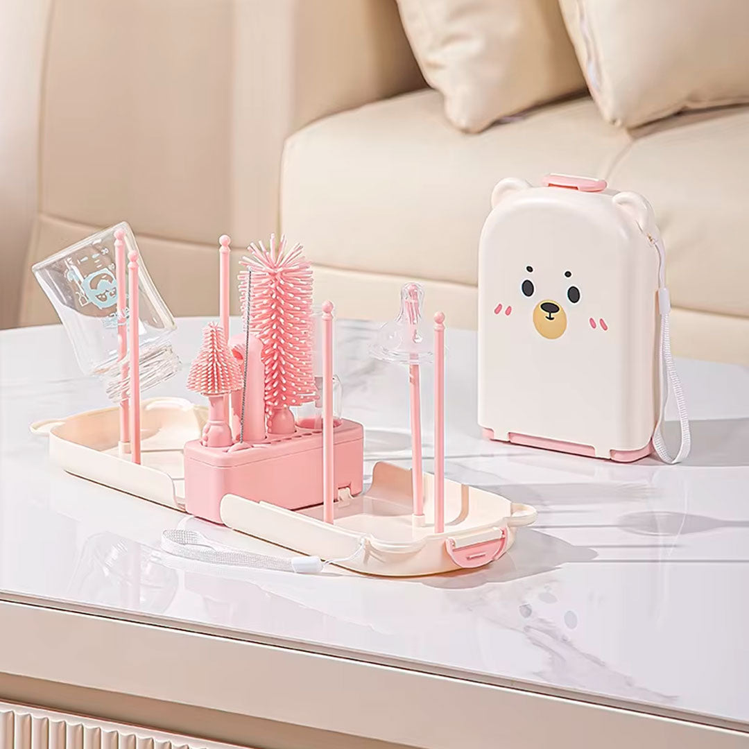 Juego de cepillos lavateteros portátil en estuche de osito, kit de limpieza de biberones, accesorios y vasos, hechos en silicona grado alimenticio, de tamaño compacto fácil de transportar