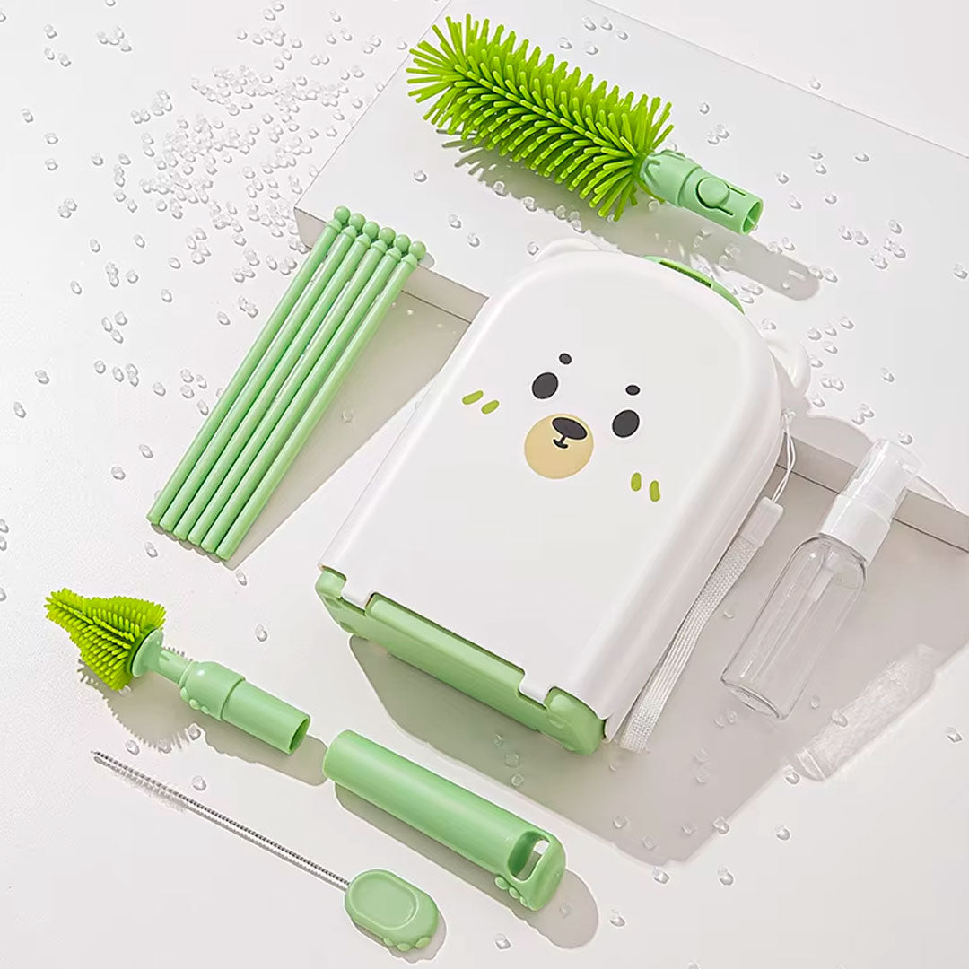 Juego de cepillos lavateteros portátil en estuche de osito, kit de limpieza de biberones, accesorios y vasos, hechos en silicona grado alimenticio, de tamaño compacto fácil de transportar