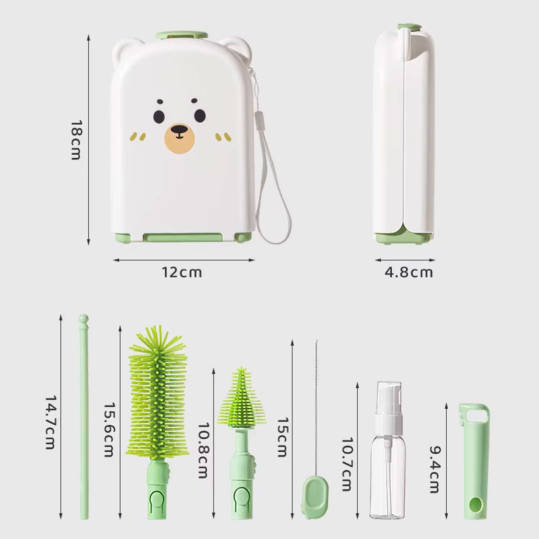 Juego de cepillos lavateteros portátil en estuche de osito, kit de limpieza de biberones, accesorios y vasos, hechos en silicona grado alimenticio, de tamaño compacto fácil de transportar