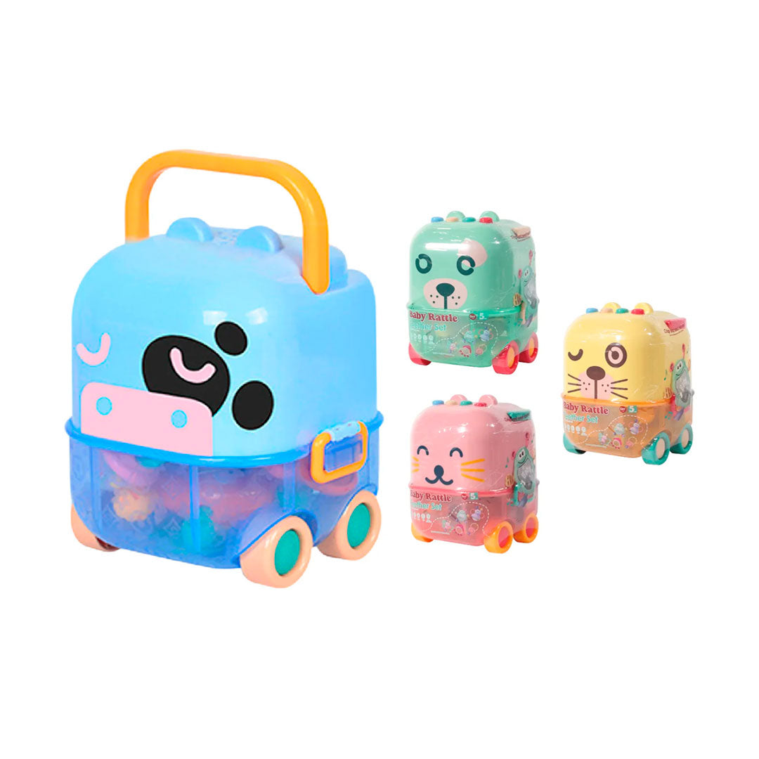 Estuche de sonajeros 5pz Caritas de Animales, con rascaencias, hechos en silicona de grado alimenticio y plástico ABS sin BPA, estuche con luces y melodías
