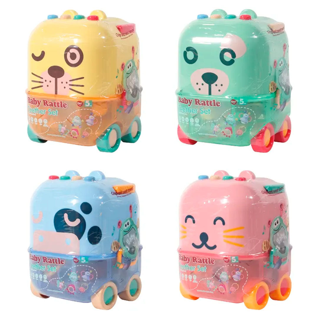 Estuche de sonajeros 5pz Caritas de Animales, con rascaencias, hechos en silicona de grado alimenticio y plástico ABS sin BPA, estuche con luces y melodías