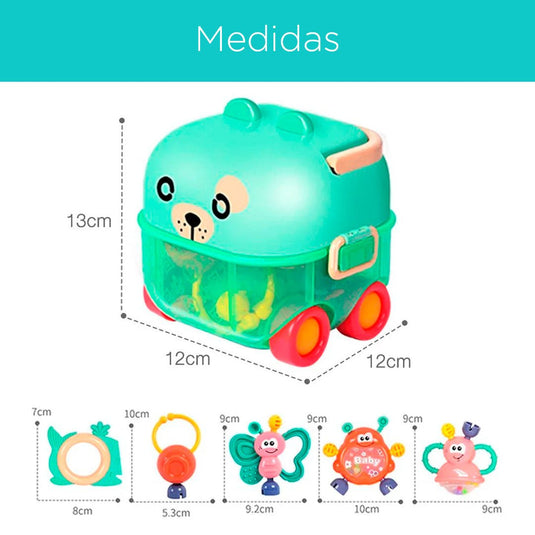Estuche de sonajeros 5pz Caritas de Animales, con rascaencias, hechos en silicona de grado alimenticio y plástico ABS sin BPA, estuche con luces y melodías