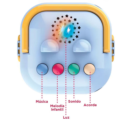 Estuche de sonajeros 5pz Caritas de Animales, con rascaencias, hechos en silicona de grado alimenticio y plástico ABS sin BPA, estuche con luces y melodías