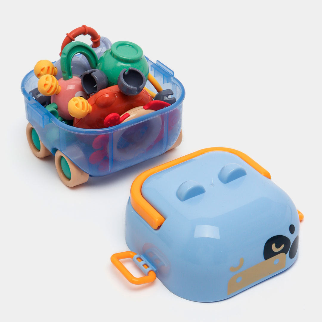 Estuche de sonajeros 5pz Caritas de Animales, con rascaencias, hechos en silicona de grado alimenticio y plástico ABS sin BPA, estuche con luces y melodías