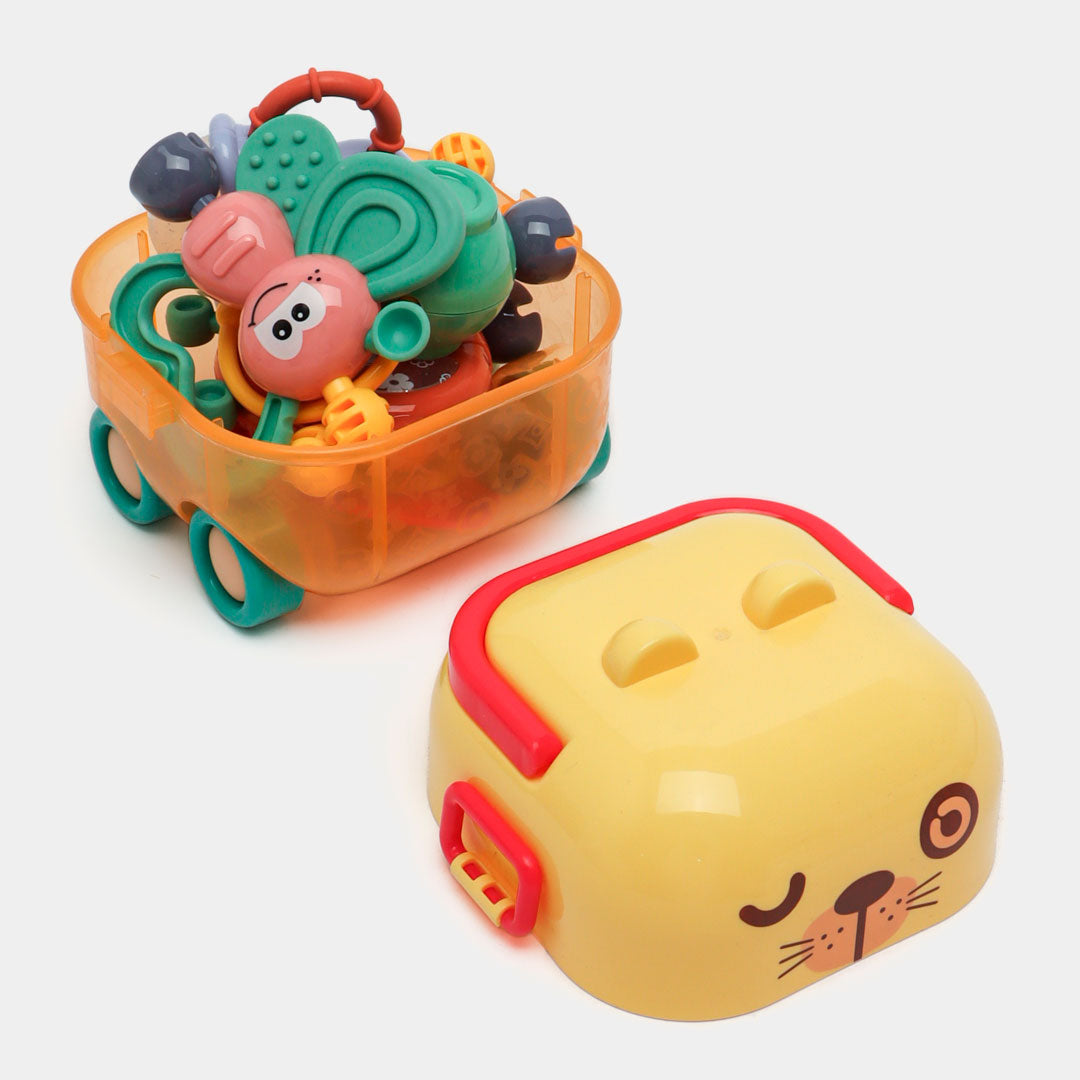 Estuche de sonajeros 5pz Caritas de Animales, con rascaencias, hechos en silicona de grado alimenticio y plástico ABS sin BPA, estuche con luces y melodías