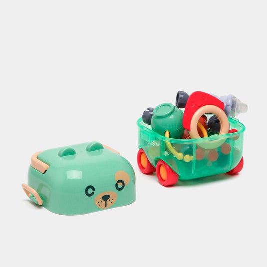 Estuche de sonajeros 5pz Caritas de Animales, con rascaencias, hechos en silicona de grado alimenticio y plástico ABS sin BPA, estuche con luces y melodías