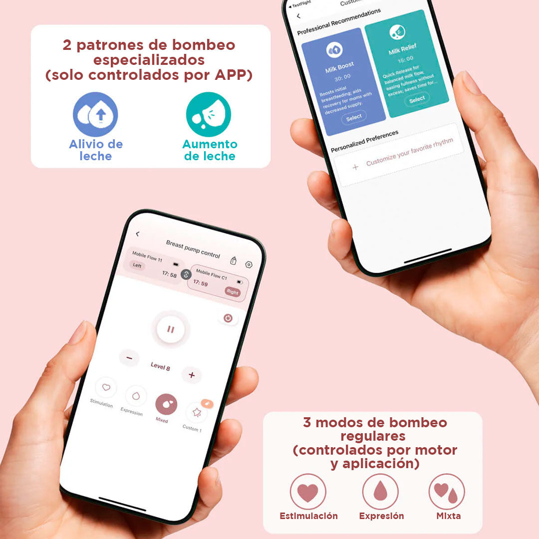 Extractor de leche doble Mobile Flow manos libres, control mediante la app M9, multimodos personalizables, tamaño y peso compacto - Momcozy