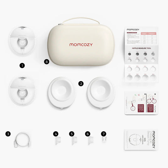 Extractor de leche materna manos libres vM5, doble copa, ajustable a 3 modos de succión y 9 niveles de potencia, de poco peso, de tamaño compacto, concepto "Baby Mouth" - Momcozy