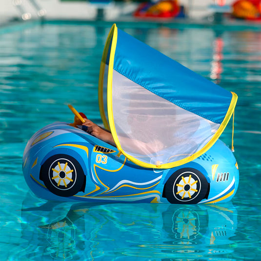 Flotador inflable con diseño de carrito, toldo cubresol ajustable con laterales en malla para mejor visibilidad, asiento de seguridad, respaldo antivuelco