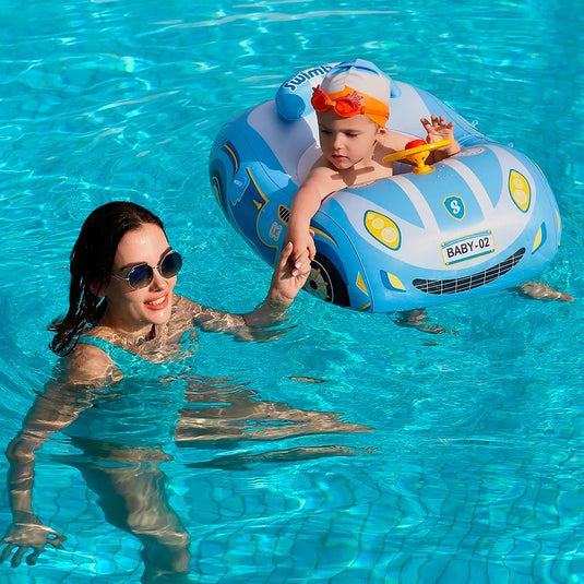 Flotador inflable con diseño de carrito, toldo cubresol ajustable con laterales en malla para mejor visibilidad, asiento de seguridad, respaldo antivuelco