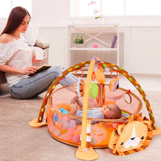 Gimnasio corral 3 en 1 de León, tapete de juegos para bebé, pelotitas de juego, juguetes móviles, diseño y colores llamativos para el bebé
