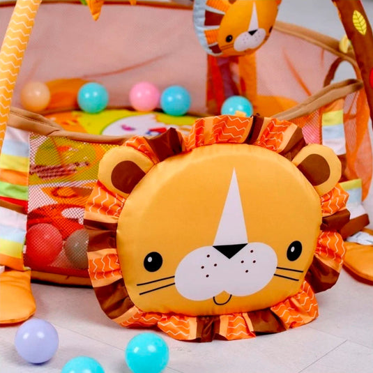 Gimnasio corral 3 en 1 de León, tapete de juegos para bebé, pelotitas de juego, juguetes móviles, diseño y colores llamativos para el bebé