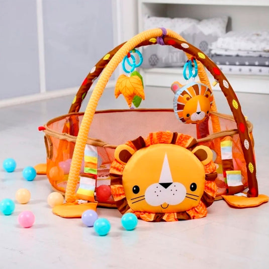 Gimnasio corral 3 en 1 de León, tapete de juegos para bebé, pelotitas de juego, juguetes móviles, diseño y colores llamativos para el bebé
