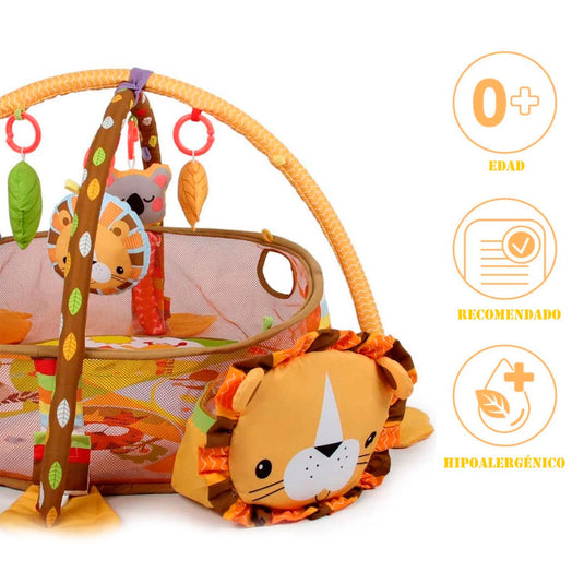 Gimnasio corral 3 en 1 de León, tapete de juegos para bebé, pelotitas de juego, juguetes móviles, diseño y colores llamativos para el bebé