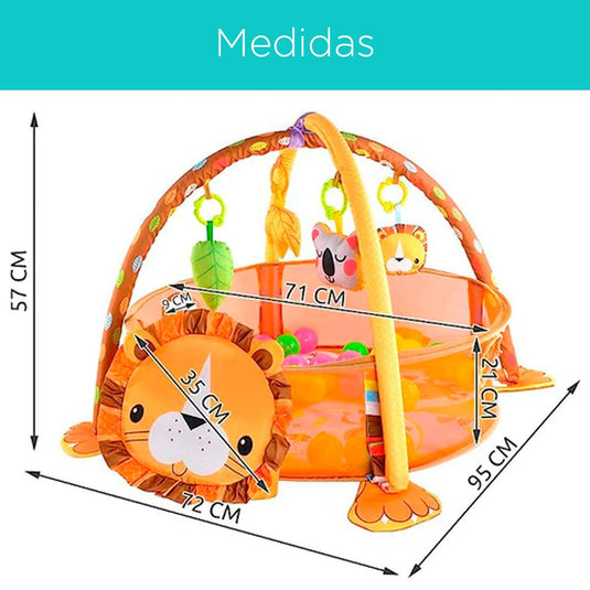 Gimnasio corral 3 en 1 de León, tapete de juegos para bebé, pelotitas de juego, juguetes móviles, diseño y colores llamativos para el bebé