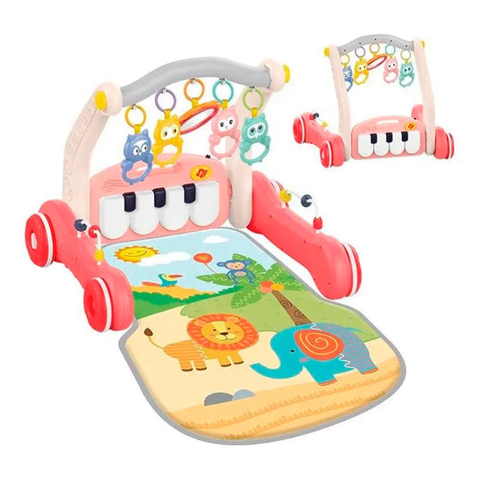 Gimnasio andadera 2en1 con piano didáctico, gimnasio interactivo con piano ajustable a dos posiciones con luces y sonidos, tapete de tela antialérgica, móviles colgantes, hecho en material resistente - Huanger