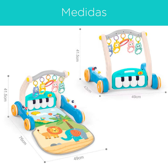 Gimnasio andadera 2en1 con piano didáctico, gimnasio interactivo con piano ajustable a dos posiciones con luces y sonidos, tapete de tela antialérgica, móviles colgantes, hecho en material resistente - Huanger