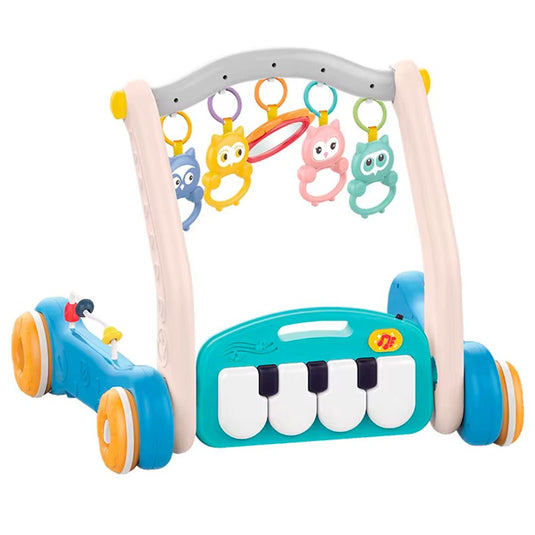 Gimnasio andadera 2en1 con piano didáctico, gimnasio interactivo con piano ajustable a dos posiciones con luces y sonidos, tapete de tela antialérgica, móviles colgantes, hecho en material resistente - Huanger