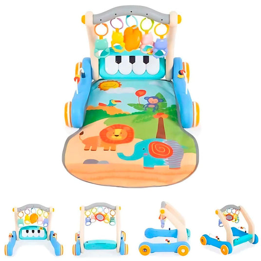 Gimnasio andadera 2en1 con piano didáctico, gimnasio interactivo con piano ajustable a dos posiciones con luces y sonidos, tapete de tela antialérgica, móviles colgantes, hecho en material resistente - Huanger