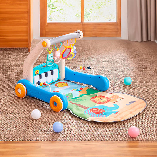 Gimnasio andadera 2en1 con piano didáctico, gimnasio interactivo con piano ajustable a dos posiciones con luces y sonidos, tapete de tela antialérgica, móviles colgantes, hecho en material resistente - Huanger