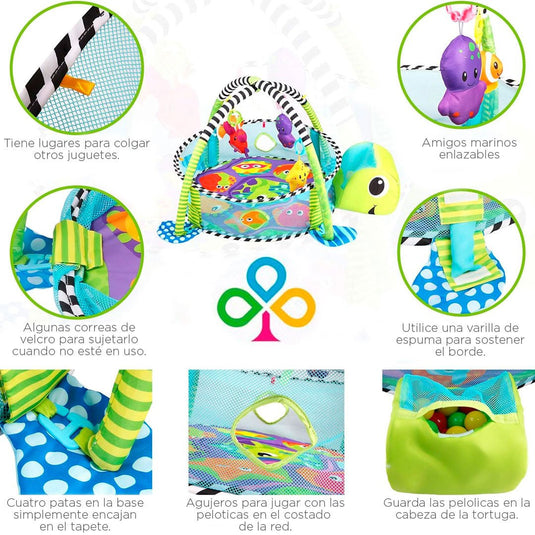 Gimnasio corral 3 en 1 de tortuga, tapete de juegos para bebé, pelotitas de juego, juguetes móviles, diseño y colores llamativos para el bebé