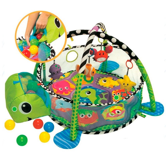 Gimnasio corral 3 en 1 de tortuga, tapete de juegos para bebé, pelotitas de juego, juguetes móviles, diseño y colores llamativos para el bebé