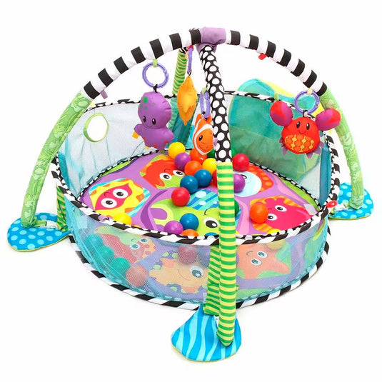 Gimnasio corral 3 en 1 de tortuga, tapete de juegos para bebé, pelotitas de juego, juguetes móviles, diseño y colores llamativos para el bebé