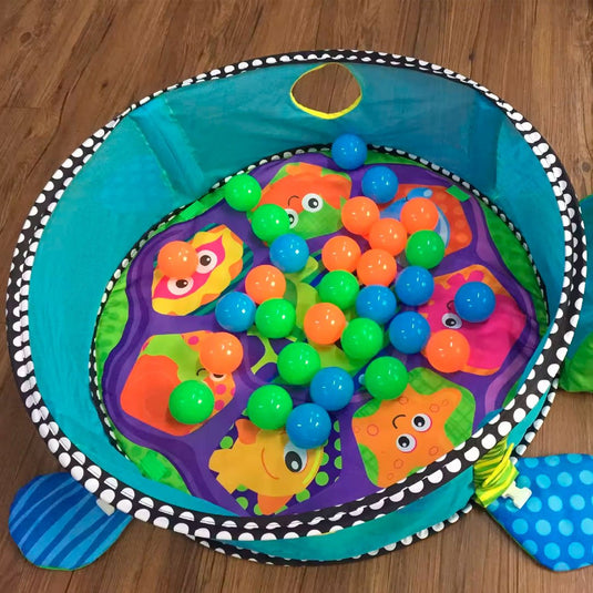 Gimnasio corral 3 en 1 de tortuga, tapete de juegos para bebé, pelotitas de juego, juguetes móviles, diseño y colores llamativos para el bebé