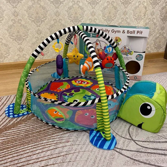 Gimnasio corral 3 en 1 de tortuga, tapete de juegos para bebé, pelotitas de juego, juguetes móviles, diseño y colores llamativos para el bebé