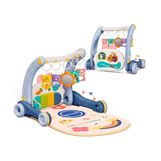 Gimnasio y andadera 2 en 1 con luces y sonidos, móviles colgantes, sistema de andadera para los primeros pasos, alfombra de juego, diseño de animalitos con colores vibrantes y texturas