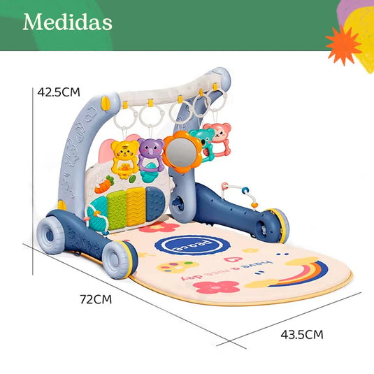 Gimnasio y andadera 2 en 1 con luces y sonidos, móviles colgantes, sistema de andadera para los primeros pasos, alfombra de juego, diseño de animalitos con colores vibrantes y texturas