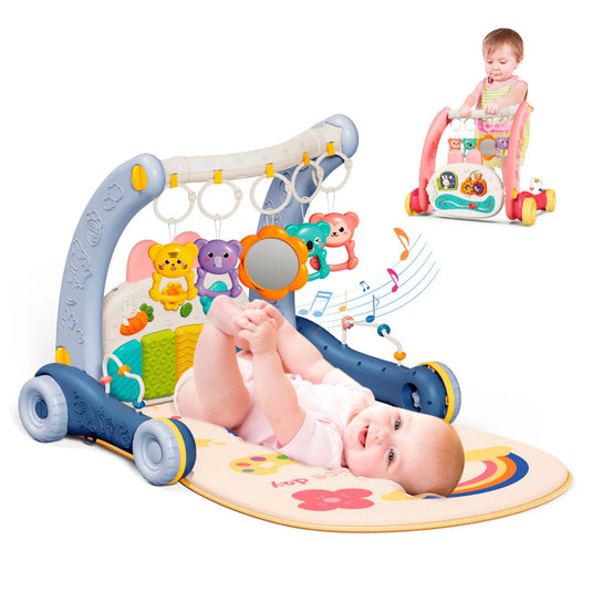 Gimnasio y andadera 2 en 1 con luces y sonidos, móviles colgantes, sistema de andadera para los primeros pasos, alfombra de juego, diseño de animalitos con colores vibrantes y texturas
