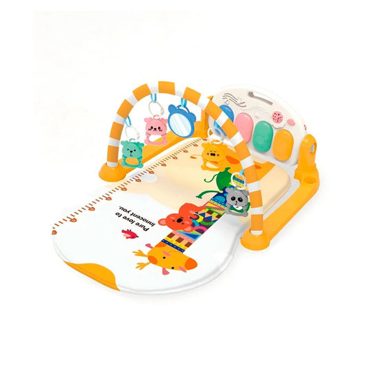 Gimnasio didáctico con diseño de jirafa amarilla, colorido diseño estampado hecho en material resistente hipoalergénico, móviles colgantes de animalitos de colores, con espejo, melodías y luces