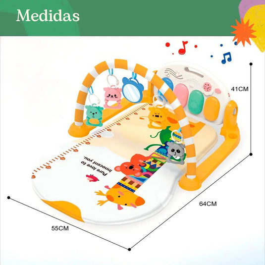 Gimnasio didáctico con diseño de jirafa amarilla, colorido diseño estampado hecho en material resistente hipoalergénico, móviles colgantes de animalitos de colores, con espejo, melodías y luces