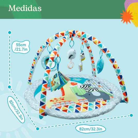 Gimnasio circular con diseño de animalitos y móviles colgantes, tapete de juego para bebés, colores y texturas estimulantes, hecho en material resistente hipoalergénico
