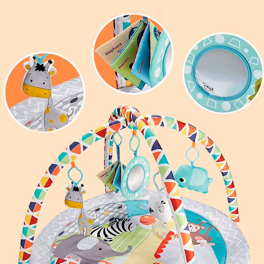 Gimnasio circular con diseño de animalitos y móviles colgantes, tapete de juego para bebés, colores y texturas estimulantes, hecho en material resistente hipoalergénico