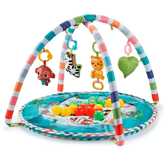 Gimnasio 3 en 1 corral redondo con tapete, móviles y pelotitas, hecho en material resistente antialérgico, juguetes móviles colgantes, laterales en malla, con diseño de animalitos colorido