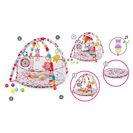 Gimnasio 3 en 1 corral redondo con tapete, móviles y pelotitas, hecho en material resistente antialérgico, juguetes móviles colgantes, laterales en malla, con diseño de animalitos colorido