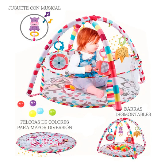 Gimnasio 3 en 1 corral redondo con tapete, móviles y pelotitas, hecho en material resistente antialérgico, juguetes móviles colgantes, laterales en malla, con diseño de animalitos colorido
