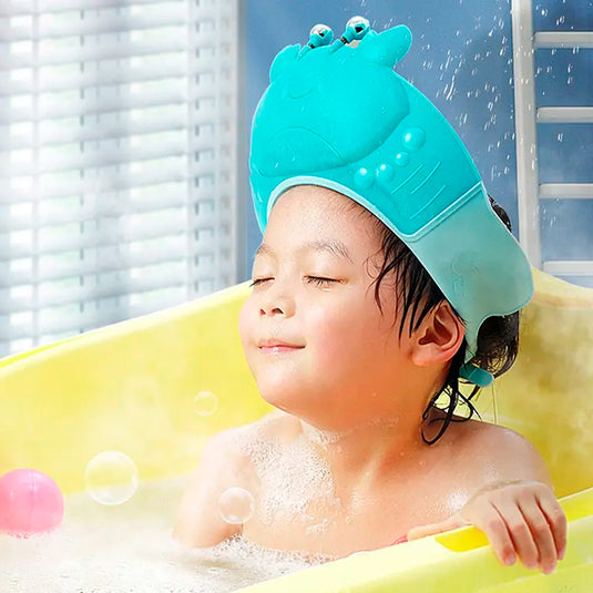 Gorro protector de cangrejo para baño, cubre ojos y oídos a la hora del baño, divertidos colores y forma, ajustable con correa, hecho en material resístete hipoalergénico