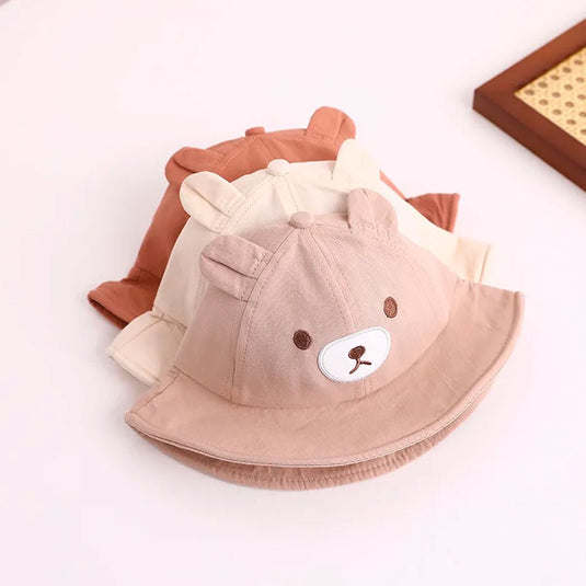 Gorro explorador con diseño de osito para bebé, sombrero para el sol, con correa de barbilla de ajuste con resorte, material suave