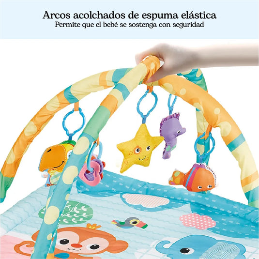Gimnasio de actividades para bebé acolchado con arco desmontable y 5 juguetes colgantes, alfombra lavable en algodón, de colores estimulantes