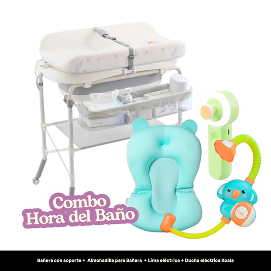Combo Hora del Baño para bebé con bañera plegable con cambiador, almohadilla, lima eléctrica y ducha de koala - Cocco & Lolo