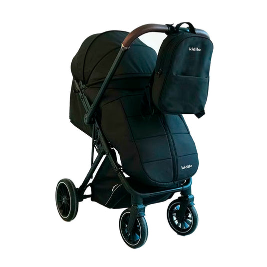 Coche paseador con pañalera y cubrepiés, con sistema de plegado tipo maleta, compacto y ligero, toldo y espaldar ajustable, espacio de almacenamiento en la parte inferior - Kidilo